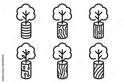 Botanical Pipes Icons. Line style icons of reproduced tree tubes in prints: parallel lines, botanical pipes, carved bark, printed