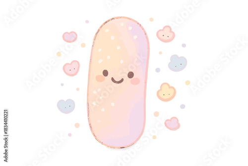 Cheerful Sprinkle Icon. A smiling "garnish" sprinkle icon with tiny cheerful crumbs scattering around, soft magical pastel tones,