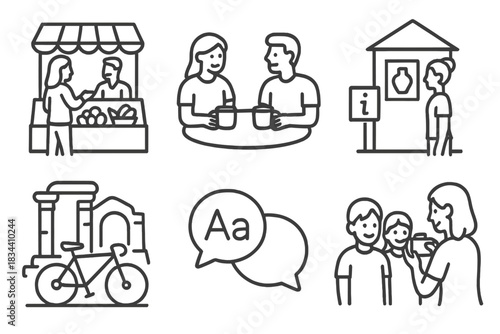 Cultural Bike Icons. Line style icons of off-bike experiences: visiting local markets, coffee with locals icon, roadside museum