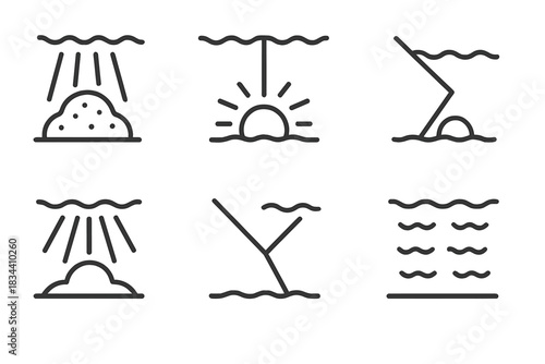 Seafloor Light Dynamics. Line style icons of seafloor masses splitting light: underwater mound, radiant beam, refracted ray,