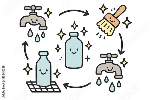 Bottle-Clean Flow Doodles. Cute doodle infographic-style artwork showing a daily bottle-clean flow — rinse, scrub, rinse, dry —