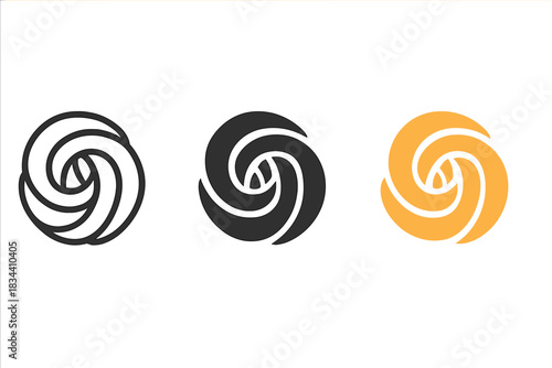 Vortex Braid Icons. three minimal vector icons of swirling vortex filaments intertwining into a braid shape, line outline style,
