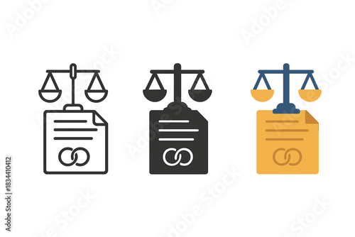 Minimal Legal Icons. three minimal vector icons of a balanced scale above an ochre pact document, line outline style, solid glyph