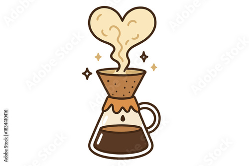 Heart-Shaped Coffee Steam. Cute doodle volcanic pour-over setup with steam forming a heart-shaped cloud, magical brewing vibe, No