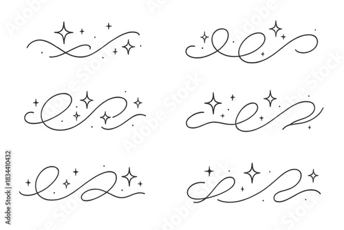 Radiant Ink Connections. Line vector icons of sparkling written connections: radiant ink lines, glowing handwriting links,