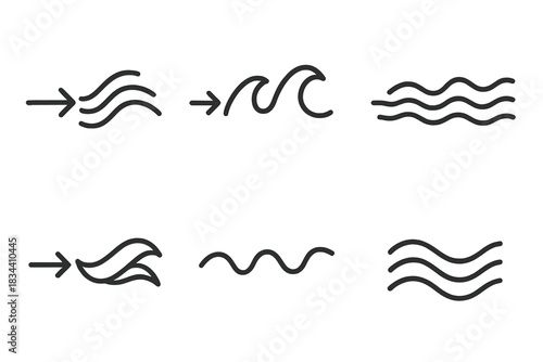 Aimed Water Currents. Line vector icons of aimed channel undulations: guided current bends, aligned water arcs, aimed wave