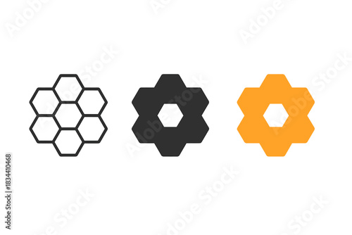Volcanic Basalt Icons. three minimal vector icons of a volcanic basalt surface designed with repeating hexagonal cells, line