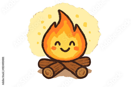 Playful Campfire Savepoint. Playful doodle campfire symbolizing a save point, smiling flames and soft pixel-style glow radiating