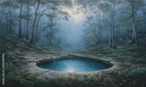 Serene woodland scene with a circular pool reflecting light. Calm atmosphere
