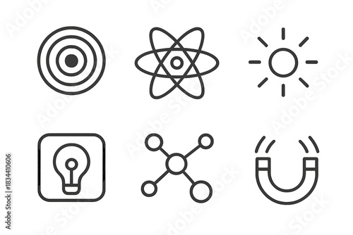Subatomic Vector Icons. Line vector icons of subatomic inspiration pockets: particle-field rings, atomic path hollows, glowing ion