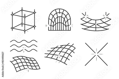 Glowing Geometric Meshes. Line vector icons of glowing reflective frameworks: illuminated linear meshes, radiant structured arcs,