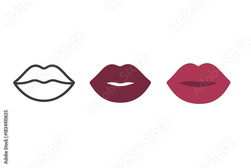 Minimal Lip Icons. three minimal vector icons of lips tinted naturally with berry stain color, line outline style, solid glyph