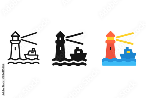 Lighthouse Vector Icons. three minimal vector icons of a coastal lighthouse shining light across the sea to a vessel, line outline