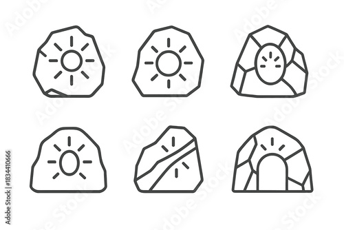 Radiant Ore Apertures. Line vector icons of radiant ore apertures: glowing cavity circles, luminous mineral hollows, shining rock