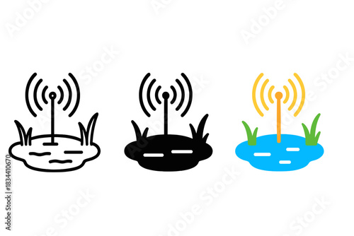 Peat Bog Signal Icons. three minimal vector icons of a peat bog scene with signal waves radiating from a transmitter, line outline