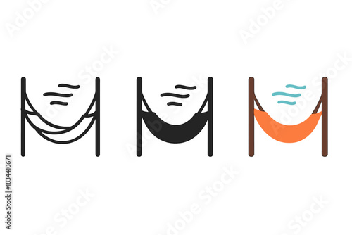 Hammock Icon Trio. three minimal vector icons of a hammock swinging slightly with breeze lines and calm mood, line outline style,