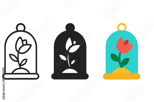 Blooming Rebellion Icons. three minimal vector icons of a bell jar covering a blooming flower representing quiet rebellion, line