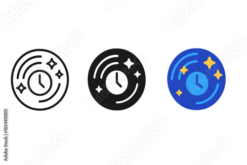 Cosmic Time-Lapse Icons. Night sky time-lapse icon merging stars, arcs, and clock face pattern, first in line style with thin