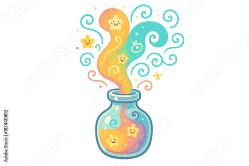 Whimsical Vial of Joy. A vial containing a swirling, colorful aura of joy, tiny smiling sparkles and playful doodle swirls