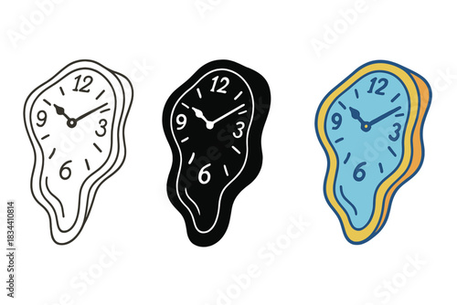 Warped Time Display. Stretching clock face warped like flexible fabric showing fluidity of time, first in line style with thin