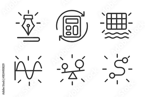 Luminous Computational Icons. Line vector icons of luminous computational docks: radiant writing nodes, glowing calculation arcs,
