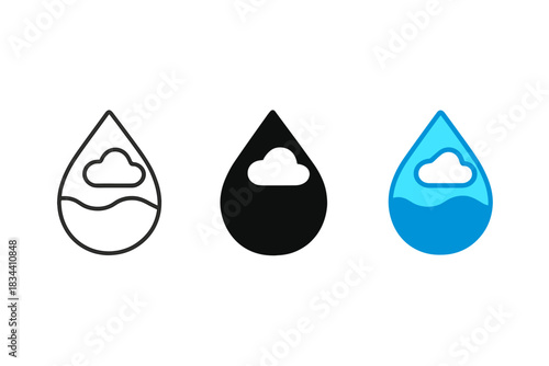 Droplet Transformation Styles. Minimalist droplet shape divided into lower water layer and upper cloud mist, first in line style