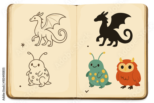 Imaginary Species Field Guide. Open field guide displaying imaginary species sketches with annotation marks, first in line style