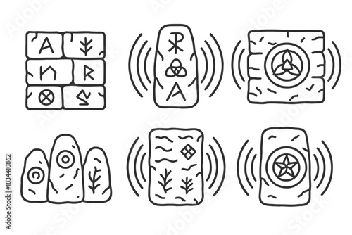 Echoing Ancient Symbols. Line style icons of an echoing wall of ancient symbols: stone barrier with carved runes, vibrating wall