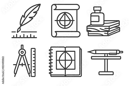 Artistic Measurement Tools. Line style icons of a quill on a pier determining proportions: feather pen over measuring lines,
