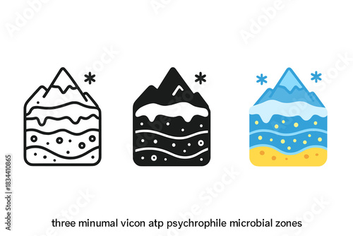 Frozen Eden Icons. three minimal vector icons of a frozen eden landscape mapped with psychrophile microbial zones, line outline