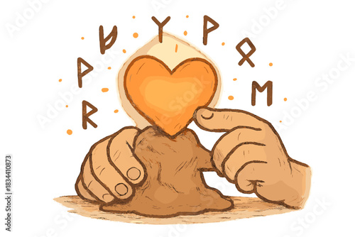 Glowing Clay Heart. Sweet doodle sculptor’s hand shaping a glowing clay heart surrounded by floating runes of warmth, No text, No