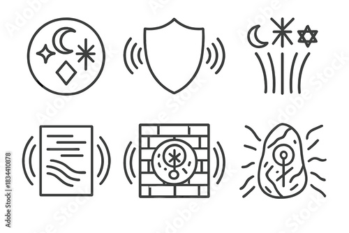 Enchanted Acoustic Icons. Line style icons of enchanted acoustic protection: resonant circle of symbols, shield vibrating with