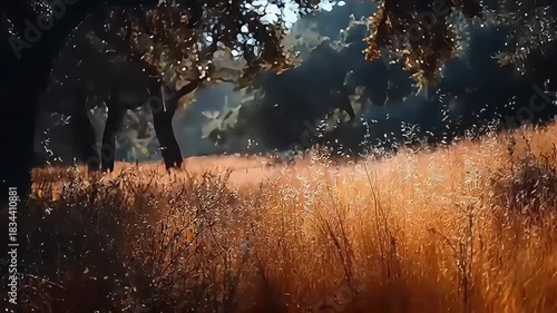 Golden Glow Through Ancient Trees: Enchanted Forest Dusk Landscape
