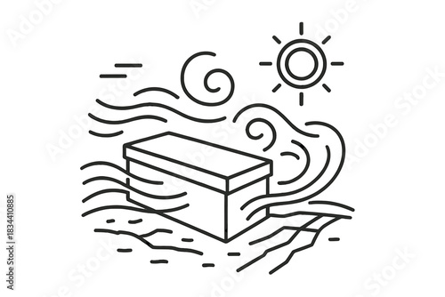 Sarcophagus in Sandstorm. Line style icons of an arid wind surrounding a stone coffin at the yearly extreme: solid sarcophagus
