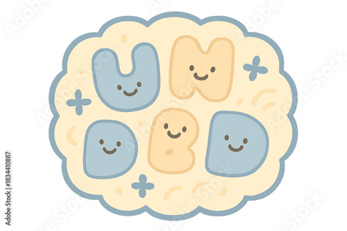 Smiling Floating Letters. A cheerful label for an "unwritten word" with tiny smiling letters floating, soft rounded doodle forms,