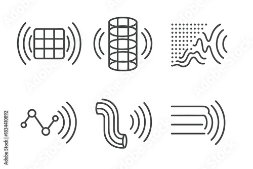 Acoustic Grid Icons. Line style icons of a grid conduit for hearing: square mesh with radiating sound lines, tubular grid emitting