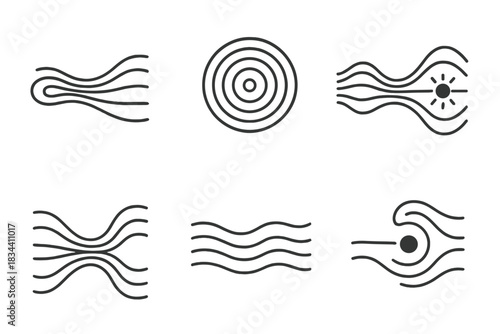 Concentric Flow Patterns. Line style icons of gradual flow and focus: smooth liquid pattern refining toward point, concentric