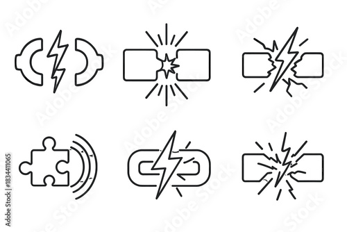 Electrifying Mechanical Fusion. Line style icons of a thunderous joining of components: mechanical halves meeting with lightning
