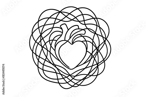 Kinetic Heart Web. Line style icons of a kinetic heart in a tangled web: pulsating central shape entwined by fine lines, soft