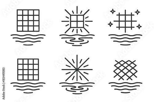 Luminous Pool Reflection. Line style icons of a grid of light on a tranquil pool: geometric lattice reflecting on smooth water,