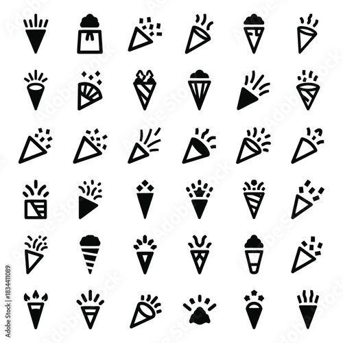 Set of party popper icons isolated on for celebration design