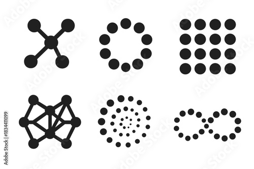 Symbolic Structure Icons. Solid style icons of symbolic structure: connected micro pattern, dotted unity emblem, particle harmony