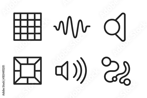 Lattice Sound Icons. Line style icons of lattice sound channel: mesh grid, sound wave lines, circular receiver, open framework,