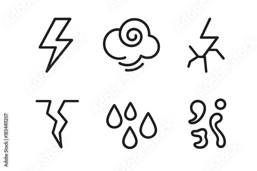 Stormy Line Icons. Line style icons of stormy divide curiosities: lightning split, swirling cloud, branching line, open rift, rain