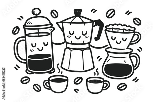 Coffee Brewing Friends. Cute doodle infographic-style scene of coffee brewing types with smiling French press, moka pot, and
