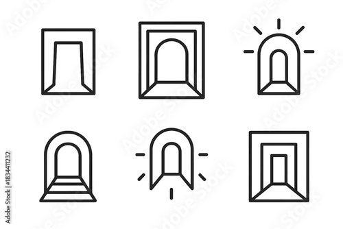 Geometric Doorway Icons. Line style icons of embedded entrance: geometric doorway, layered frame, symbolic threshold, recessed
