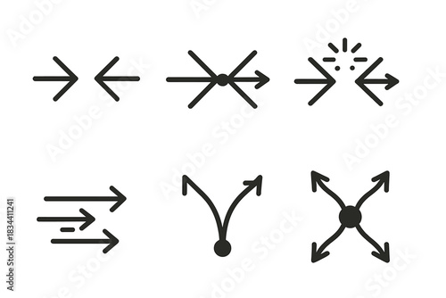 Line Convergence Collision. Line style icons of shoving passage convergence: merging lines, collision point, motion burst,