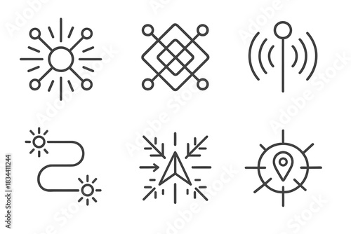 Luminous Framework Icons. Line style icons of luminous framework: radiant connections, geometric weave, guiding signals,