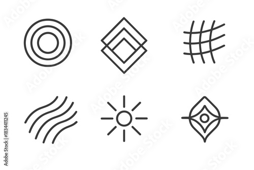 Visionary Icons. Line style icons of visionary artwork drive: circular pattern, layered perspective, dynamic grid, flowing lines,