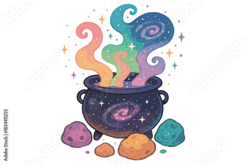 Cosmic Cauldron Magic. Sweet doodle cosmic cauldron resting on glowing asteroids, colorful gases swirling into galaxies, No text,